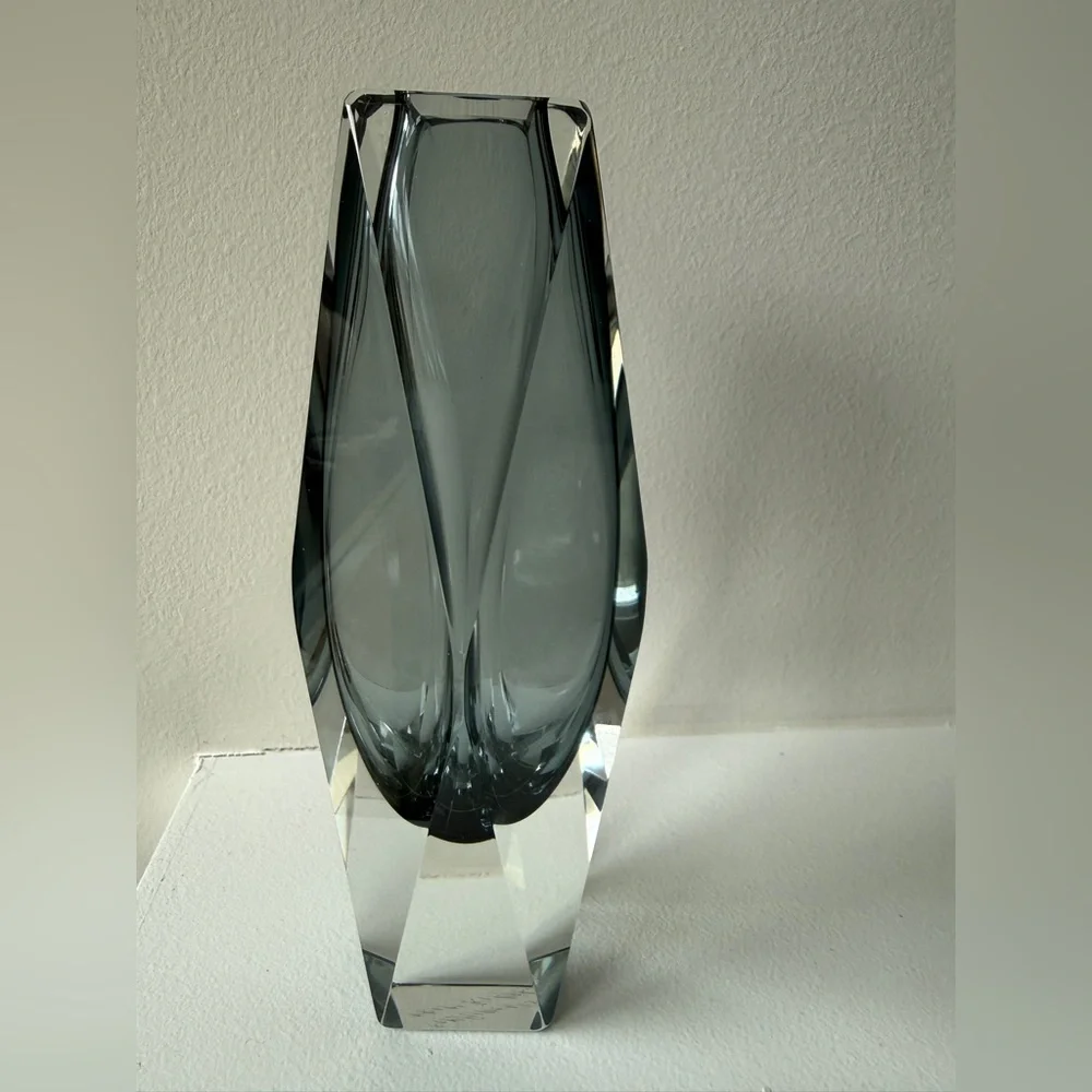 Vintage MCM Murano Style Sommerso Faceted Smoky Glass Vase